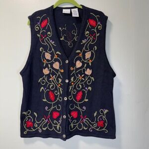 Bobbie Brooks Vintage Navy Embroidered Sequin Floral Sweater Vest XL Grandmacore